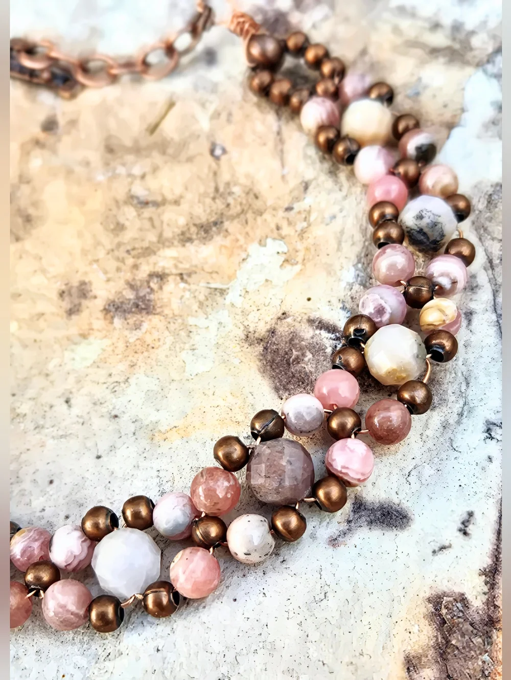 Natural Rhodochrosite In Blush Pink Handwoven Artisan Bracelet In Antique Copper